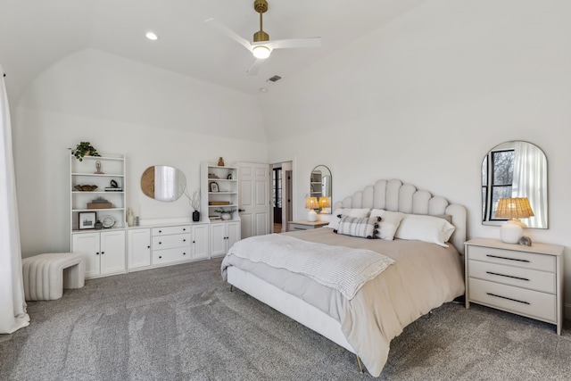 carpeted bedroom featuring high vaulted ceiling, visible vents, a ceiling fan, and recessed lighting