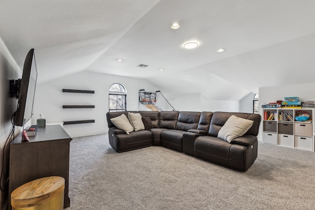 carpeted living room with lofted ceiling, visible vents, and recessed lighting