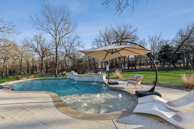 outdoor pool featuring a lawn and a patio