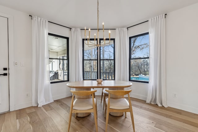 dining room featuring a chandelier, light wood-style flooring, and baseboards