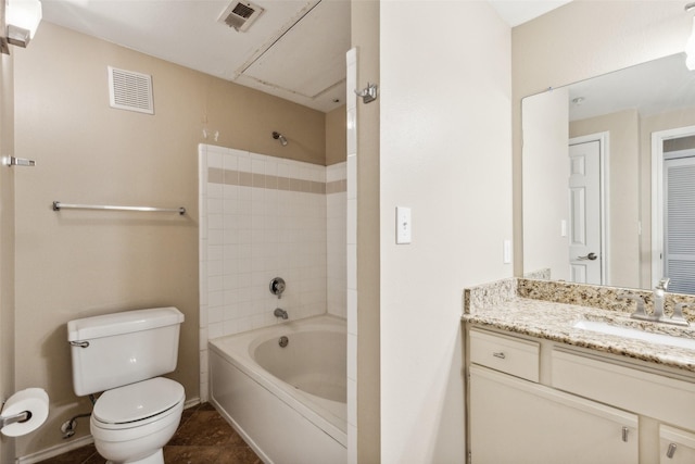 full bathroom featuring toilet, visible vents, shower / bathing tub combination, and vanity