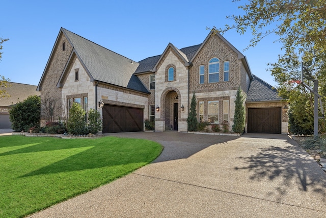 french provincial home with driveway, a front lawn, a garage, stone siding, and brick siding