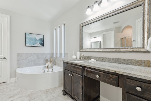 full bathroom featuring vanity, visible vents, a stall shower, a bath, and marble finish floor