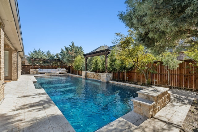 view of swimming pool with a fenced in pool, outdoor lounge area, a fenced backyard, a pergola, and a patio