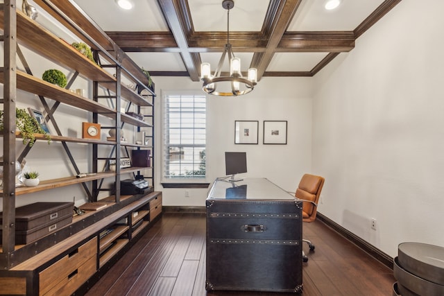 home office featuring baseboards, coffered ceiling, and dark wood finished floors