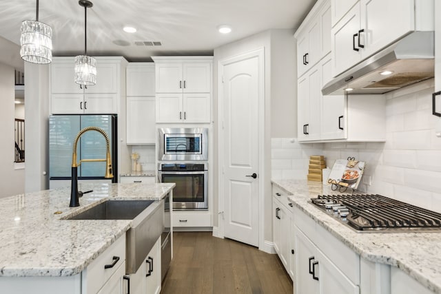 kitchen featuring dark wood finished floors, stainless steel appliances, visible vents, white cabinets, and under cabinet range hood