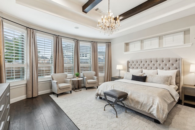 bedroom featuring visible vents, baseboards, dark wood-style floors, beam ceiling, and a notable chandelier