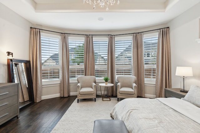 bedroom featuring baseboards, a raised ceiling, and dark wood-type flooring