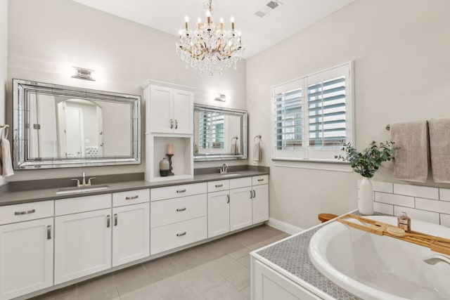 bathroom featuring visible vents, a sink, a bath, and double vanity