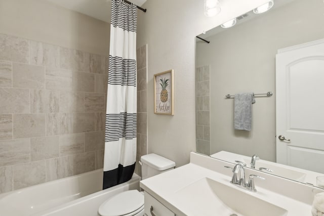 full bath featuring toilet, shower / bath combo, and vanity