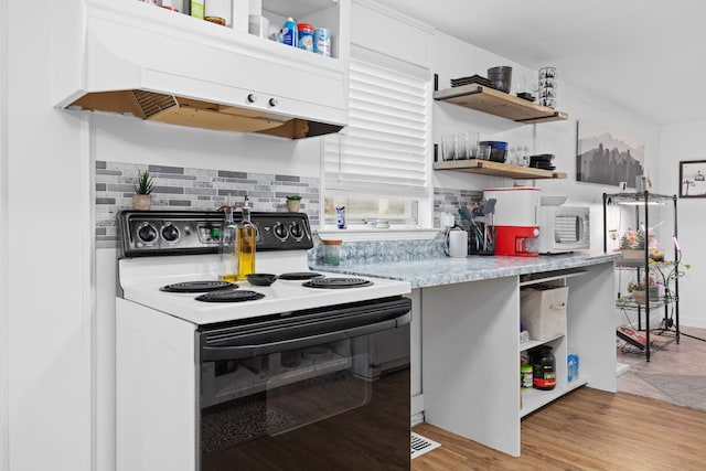 kitchen with under cabinet range hood, decorative backsplash, open shelves, and electric stove