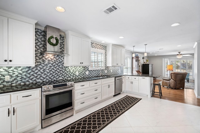 kitchen with visible vents, a peninsula, stainless steel appliances, wall chimney range hood, and a sink