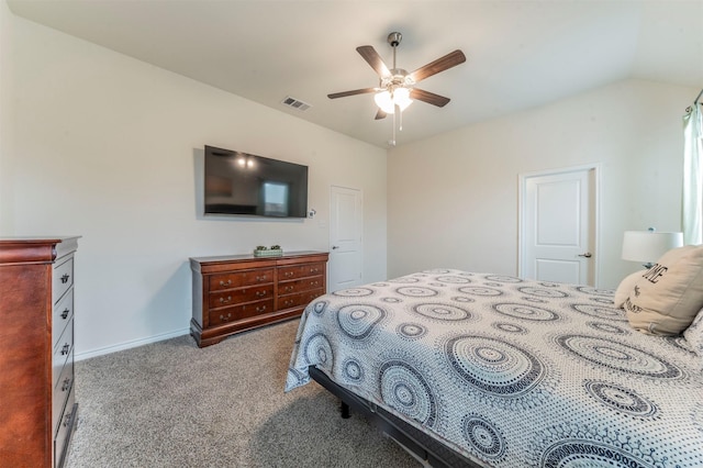 bedroom featuring carpet, visible vents, vaulted ceiling, ceiling fan, and baseboards