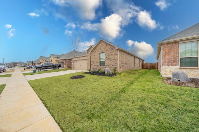 view of side of home with a garage, concrete driveway, brick siding, and a lawn