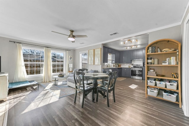 dining room featuring visible vents, dark wood finished floors, a ceiling fan, and ornamental molding