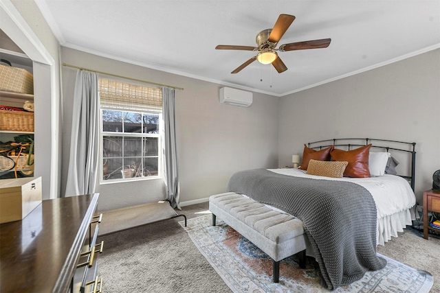 bedroom featuring carpet floors, a wall unit AC, crown molding, and baseboards