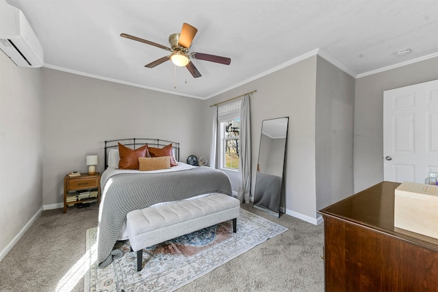 bedroom with light carpet, crown molding, baseboards, and an AC wall unit