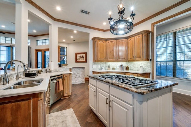 kitchen featuring visible vents, a sink, plenty of natural light, stainless steel appliances, and dark wood-style flooring