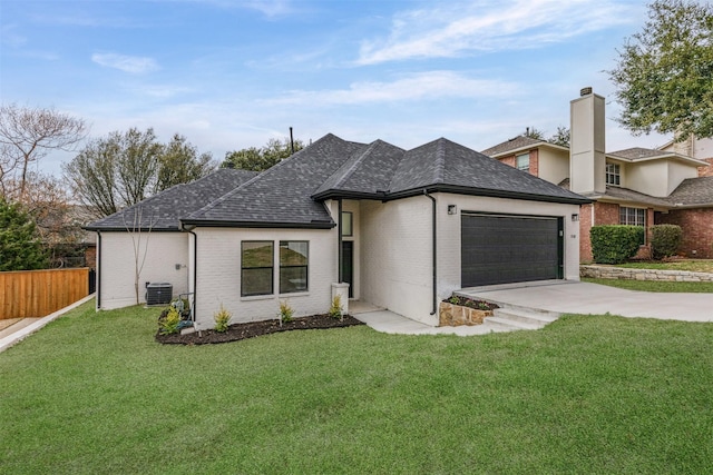 view of front of home with brick siding, roof with shingles, central air condition unit, concrete driveway, and a garage