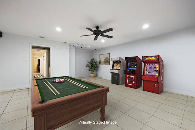 rec room with recessed lighting, pool table, visible vents, light tile patterned flooring, and ceiling fan