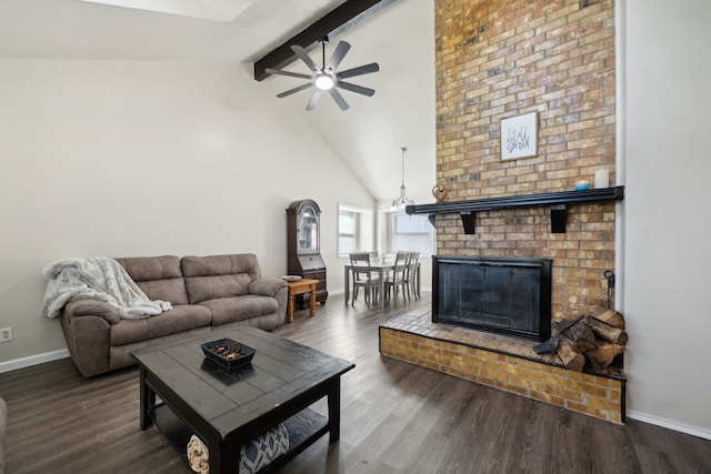 living room featuring high vaulted ceiling, wood finished floors, a ceiling fan, baseboards, and beam ceiling