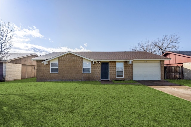 single story home with brick siding, concrete driveway, a front yard, fence, and a garage