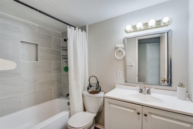 full bath featuring a textured wall, toilet, vanity, a textured ceiling, and shower / bath combination with curtain