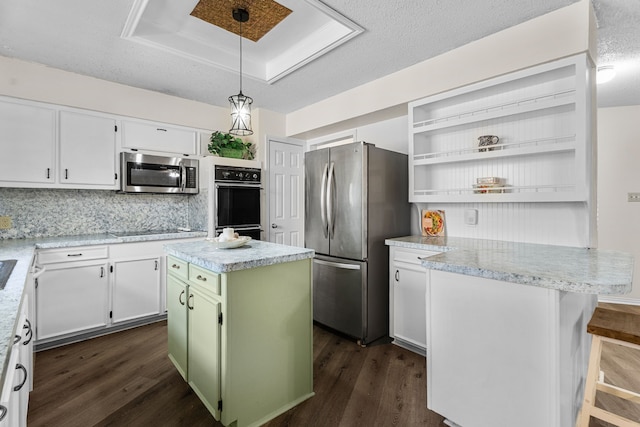 kitchen with stainless steel appliances, white cabinets, dark wood finished floors, and open shelves