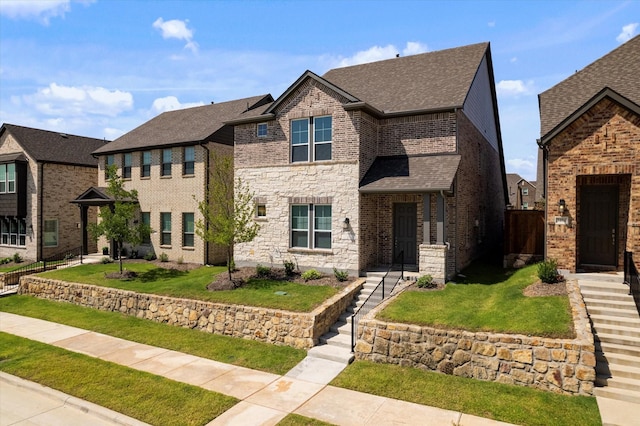 view of front facade featuring a front yard, stone siding, brick siding, and roof with shingles