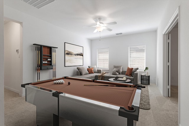 playroom with carpet floors, visible vents, baseboards, and a ceiling fan