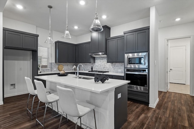 kitchen featuring appliances with stainless steel finishes, a sink, a kitchen island with sink, and tasteful backsplash