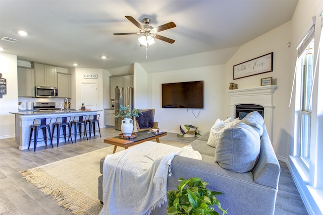 living area featuring light wood-type flooring, visible vents, and baseboards