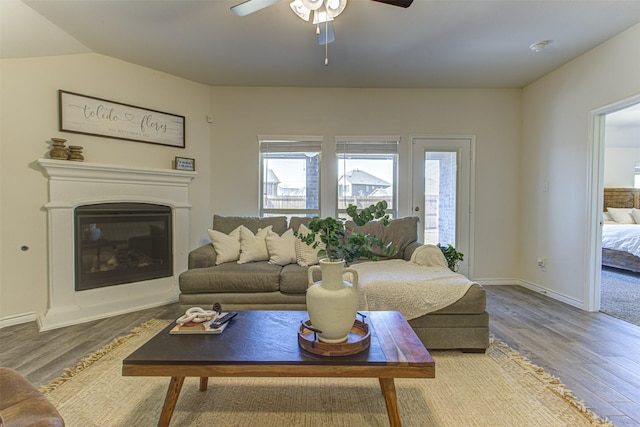 living area with a ceiling fan, baseboards, wood finished floors, and a glass covered fireplace