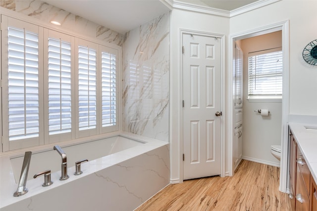 bathroom featuring wood finished floors, toilet, a bath, and vanity