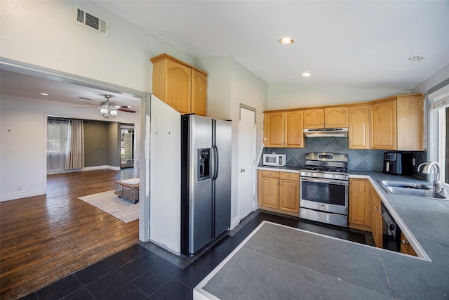 109 Belden Cir, Mckinney, TX 75069 - kitchen featuring appliances with stainless steel finishes, a sink, under cabinet range hood, lofted ceiling, and tasteful backsplash