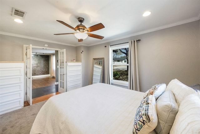 109 Belden Cir, Mckinney, TX 75069 - bedroom with crown molding, ceiling fan, recessed lighting, and baseboards