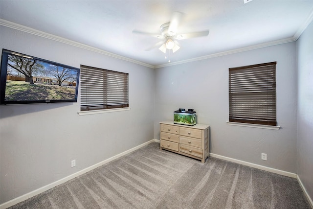 109 Belden Cir, Mckinney, TX 75069 - bedroom featuring carpet flooring, baseboards, crown molding, and a ceiling fan