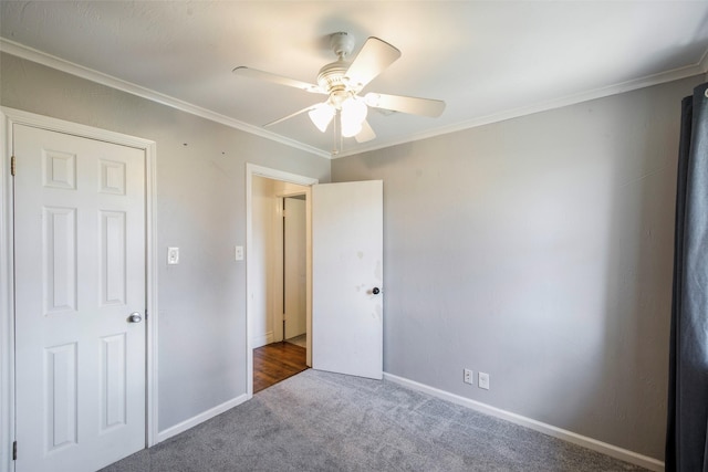 109 Belden Cir, Mckinney, TX 75069 - unfurnished bedroom with carpet flooring, ornamental molding, baseboards, and a ceiling fan