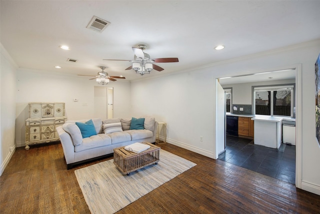 109 Belden Cir, Mckinney, TX 75069 - living room featuring recessed lighting, a ceiling fan, ornamental molding, baseboards, and dark wood-style flooring