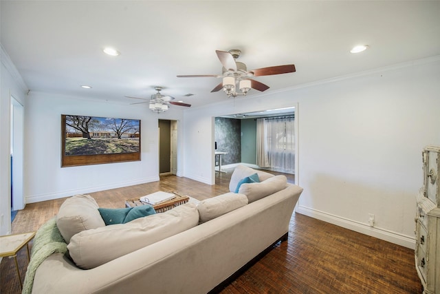 109 Belden Cir, Mckinney, TX 75069 - living room with ornamental molding, a ceiling fan, recessed lighting, baseboards, and wood finished floors