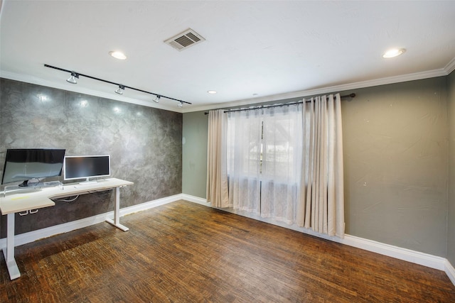 109 Belden Cir, Mckinney, TX 75069 - unfurnished office featuring wood finished floors, baseboards, crown molding, track lighting, and recessed lighting