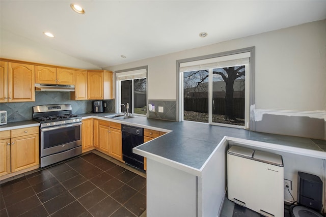 109 Belden Cir, Mckinney, TX 75069 - kitchen with stainless steel range with gas stovetop, black dishwasher, under cabinet range hood, fridge, and a sink