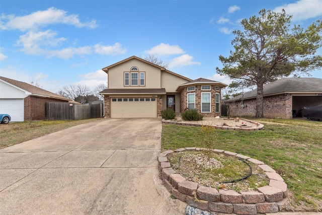 traditional home featuring a garage, brick siding, fence, concrete driveway, and a front lawn