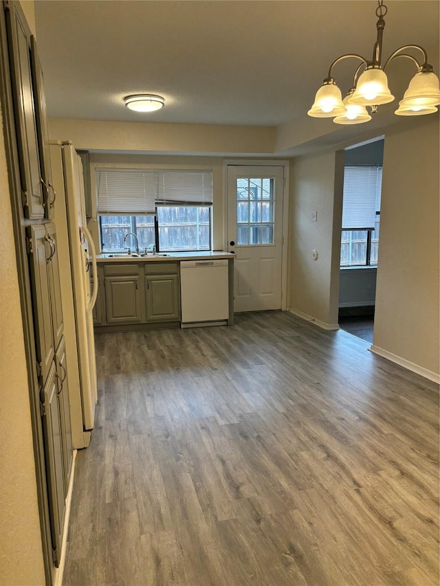 kitchen featuring white appliances, a healthy amount of sunlight, and wood finished floors