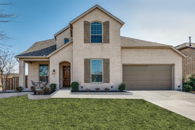 view of front of home with a front yard, brick siding, driveway, and roof with shingles