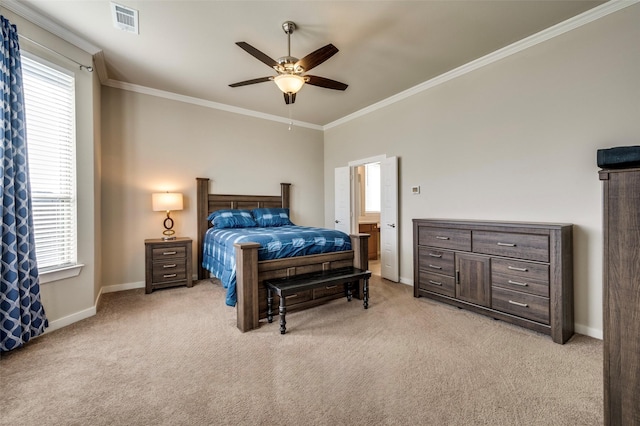 bedroom with visible vents, multiple windows, light carpet, and ornamental molding