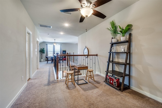 interior space with recessed lighting, visible vents, baseboards, and a ceiling fan