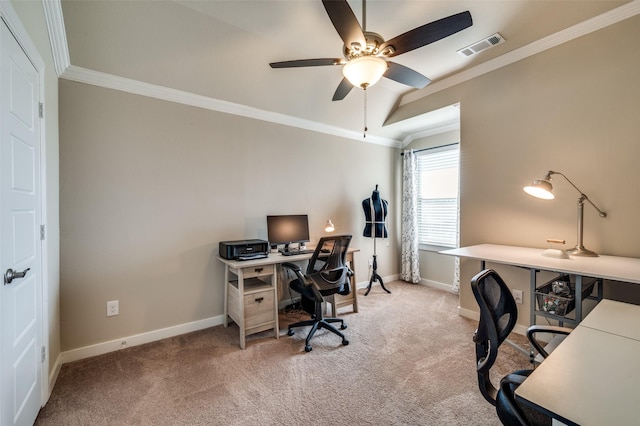 office space with crown molding, carpet, visible vents, and baseboards