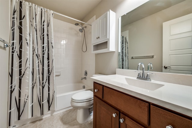 bathroom with shower / bathtub combination with curtain, toilet, and vanity