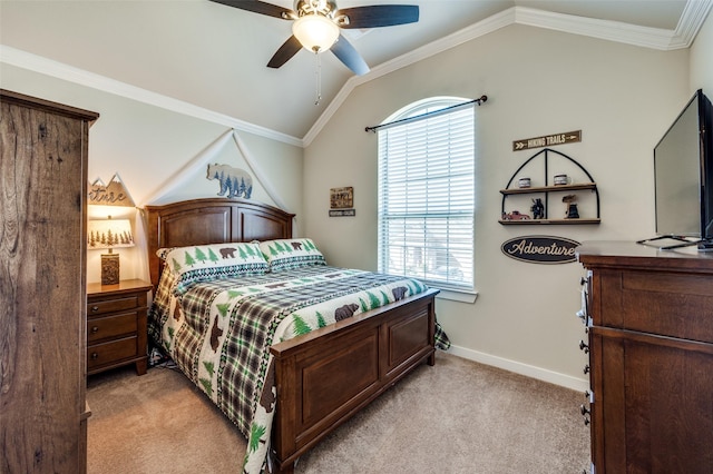 bedroom featuring baseboards, light carpet, lofted ceiling, and ornamental molding